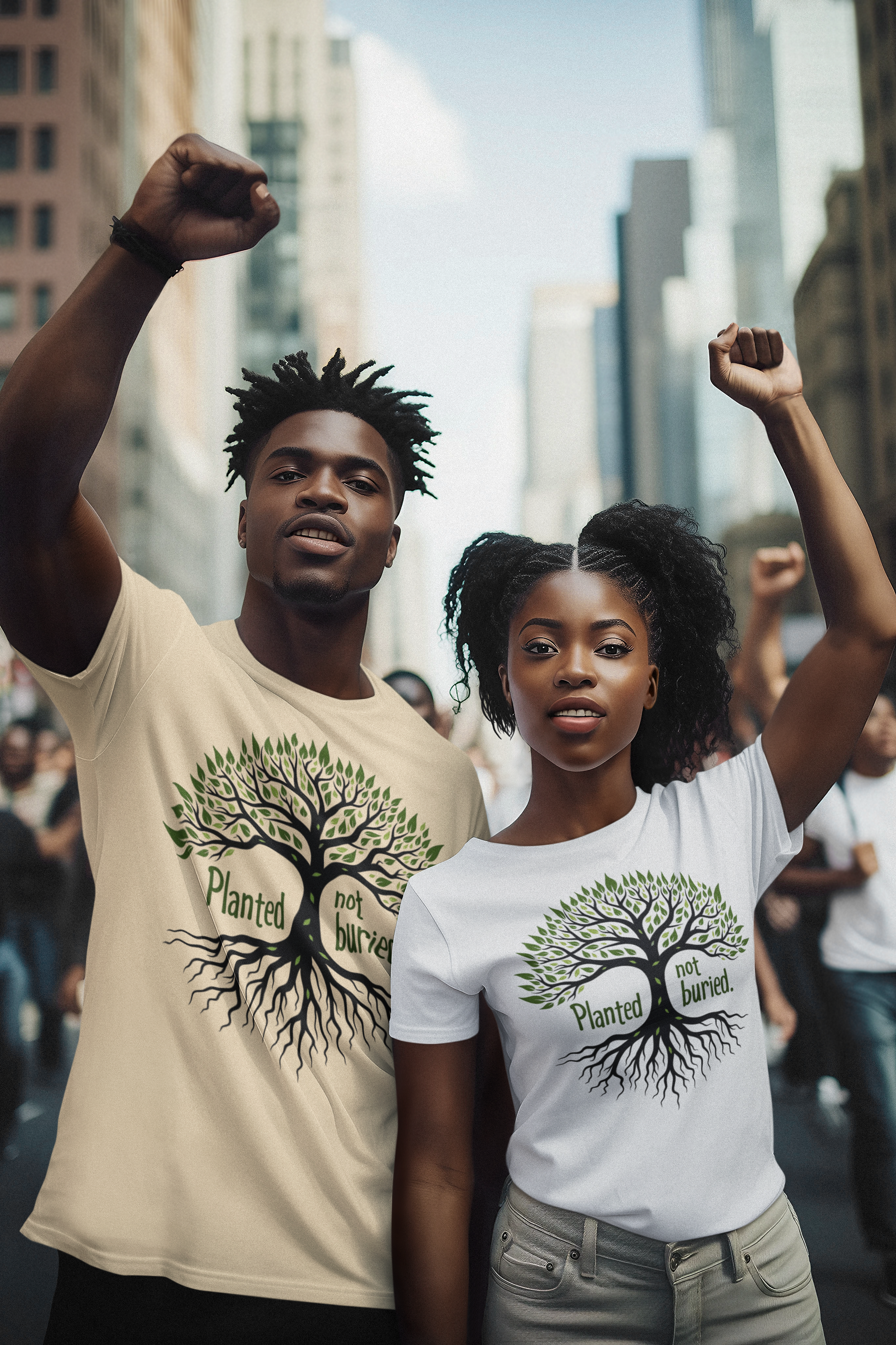 "Christian shirt with the phrase 'Planted Not Buried' in earthy tones, symbolizing spiritual growth and divine purpose."