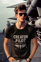 Faith-based t-shirt with “Creator Pilot” text, flight emblem with cross and wings, Christian apparel for Kingdom creators.