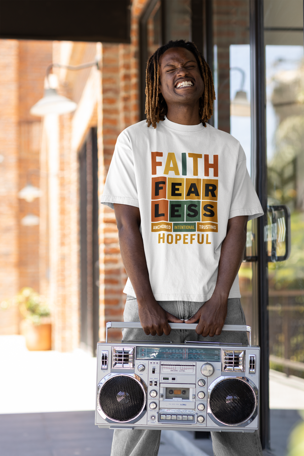 T-shirt with FAITH acronym: Fearless, Anchored, Intentional, Trusting, Hopeful – Christian motivational apparel