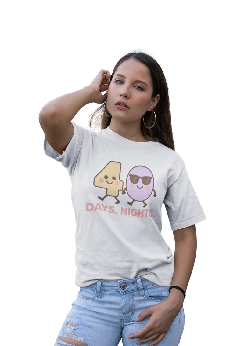 Christian t-shirt featuring the numbers 4 and 0 holding hands, symbolizing “40 Days and Nights” – faith journey design by Klippette.