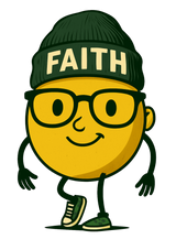 Cartoon character with a 'FAITH' beanie on a white background