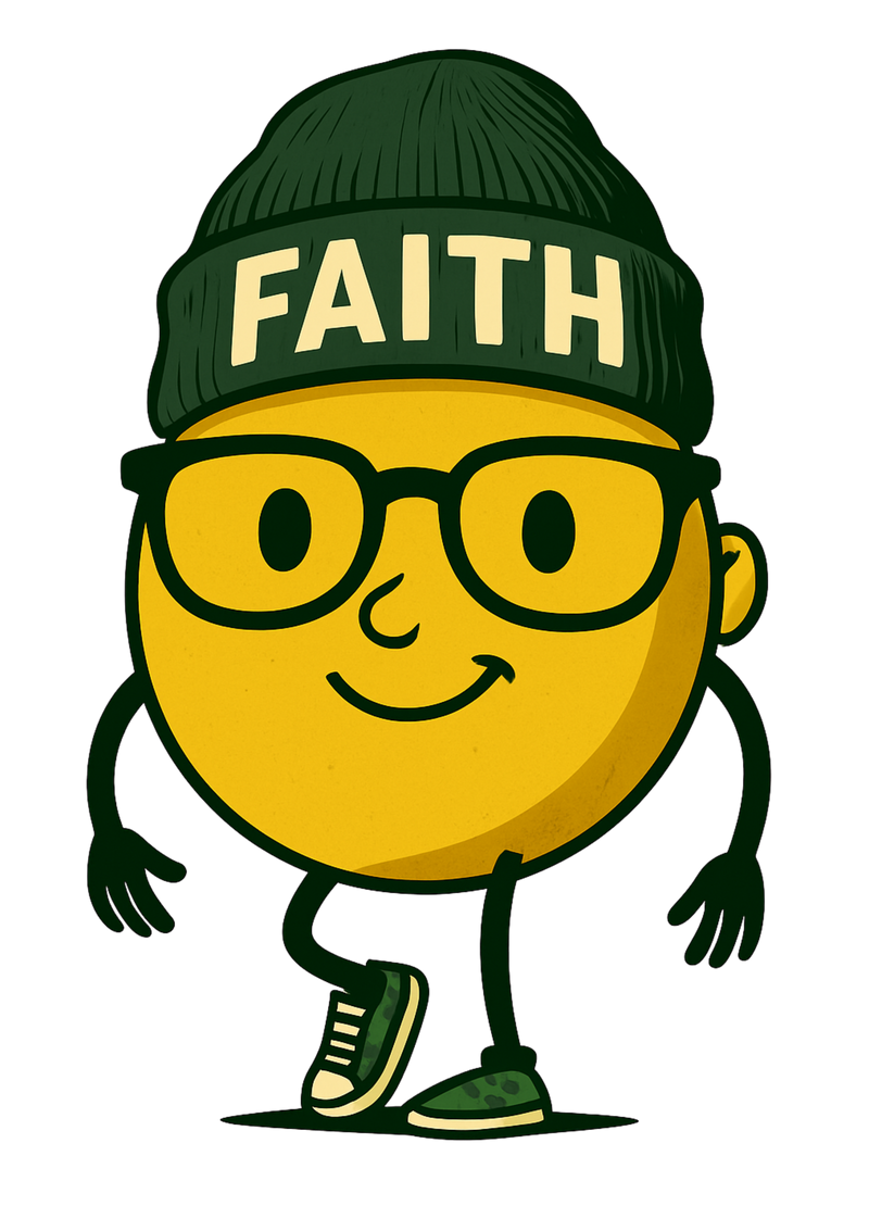 Cartoon character with a 'FAITH' beanie on a white background