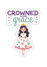 Illustration of a girl in a polka dot dress with 'Crowned with Grace' text above her on a white background.