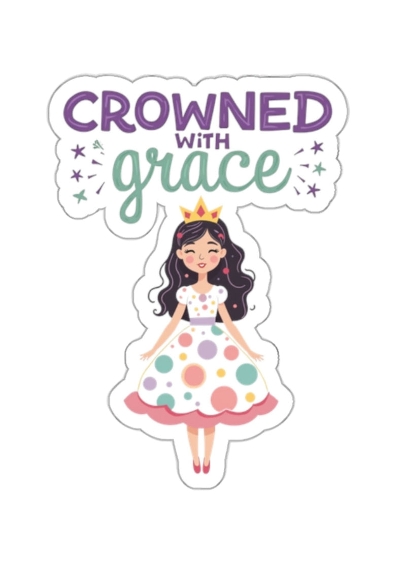 Illustration of a girl in a polka dot dress with 'Crowned with Grace' text above her on a white background.