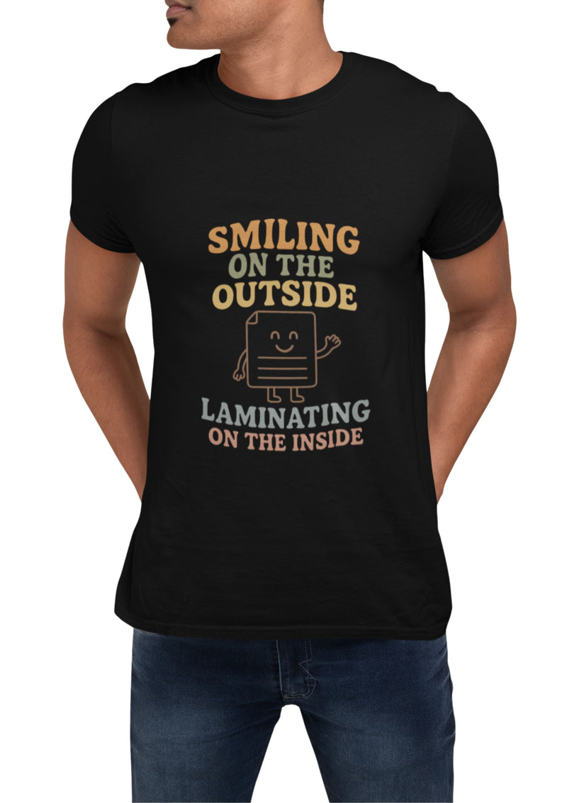 Black t-shirt with humorous text design on a white background