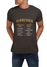 A minimalist design featuring the word "Surrender" in soft, flowing script symbolizing peace, release, and spiritual trust.