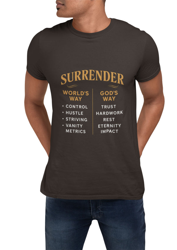A minimalist design featuring the word "Surrender" in soft, flowing script symbolizing peace, release, and spiritual trust.