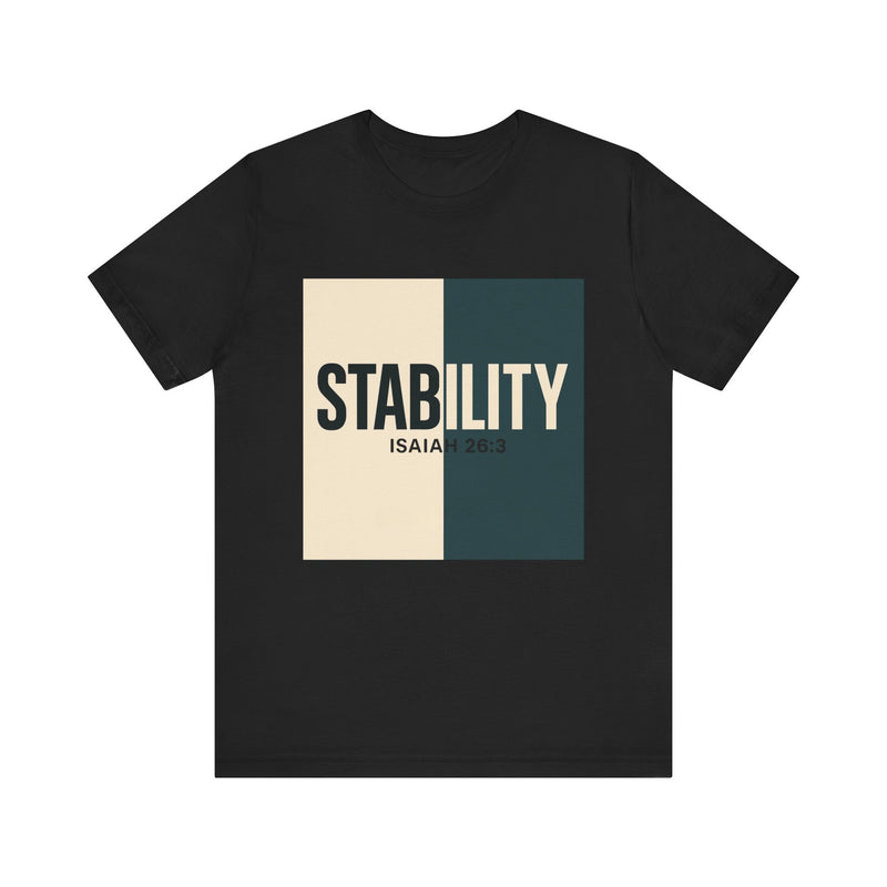 A bold, graphic design featuring the word “STABILITY” split across two contrasting colored backgrounds, with half the word on each side. Referenced scripture Isaiah 26:3 anchors the message visually and spiritually.