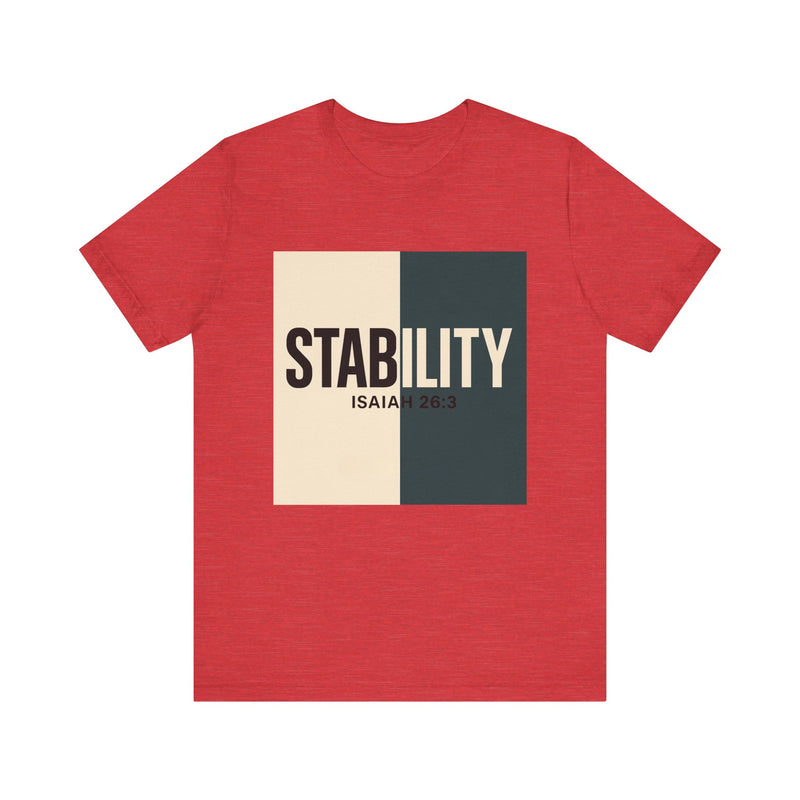 A bold, graphic design featuring the word “STABILITY” split across two contrasting colored backgrounds, with half the word on each side. Referenced scripture Isaiah 26:3 anchors the message visually and spiritually.