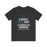 Dark gray tee with 'A Mental Reset Today, A Stronger You Tomorrow – Mental Health Matters' and a reset icon.