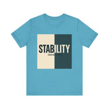 A bold, graphic design featuring the word “STABILITY” split across two contrasting colored backgrounds, with half the word on each side. Referenced scripture Isaiah 26:3 anchors the message visually and spiritually.