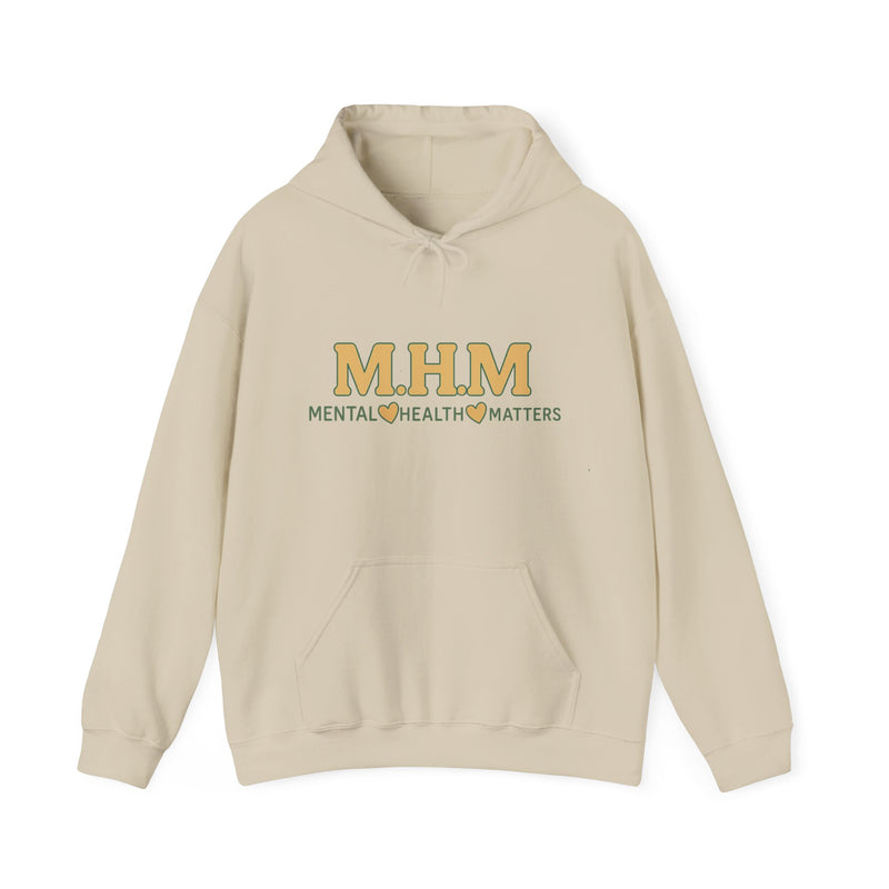 Hoodie design featuring the bold acronym M.H.M with the full text “Mental Health Matters” in modern, expressive lettering.