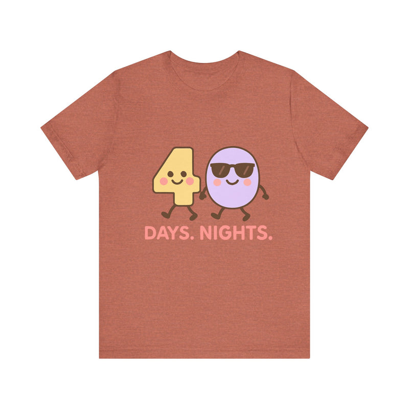 Christian t-shirt featuring the numbers 4 and 0 holding hands, symbolizing “40 Days and Nights” – faith journey design by Klippette.