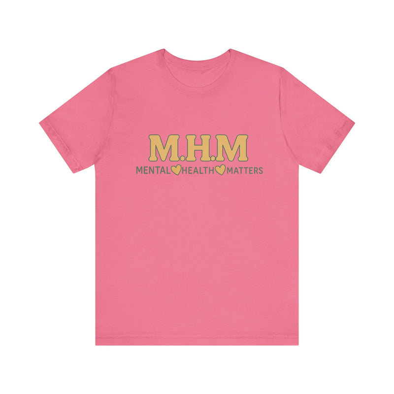 Shirt design featuring the bold acronym M.H.M with the full text “Mental Health Matters” in modern, expressive lettering.
