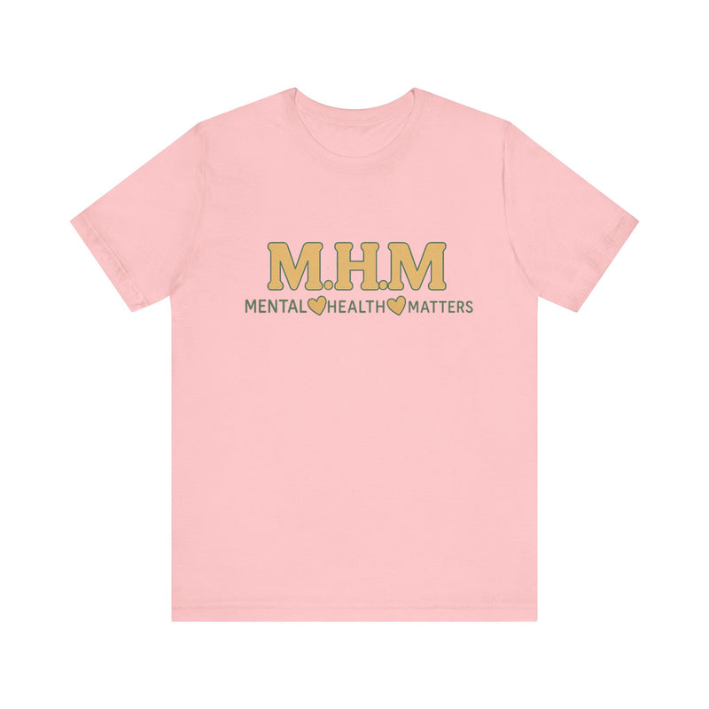 Shirt design featuring the bold acronym M.H.M with the full text “Mental Health Matters” in modern, expressive lettering.