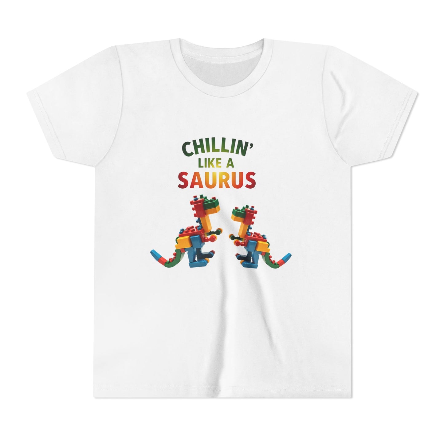 Colorful toy block dinosaur with the phrase "Chillin’ Like a Saurus" – playful summer kids t-shirt design