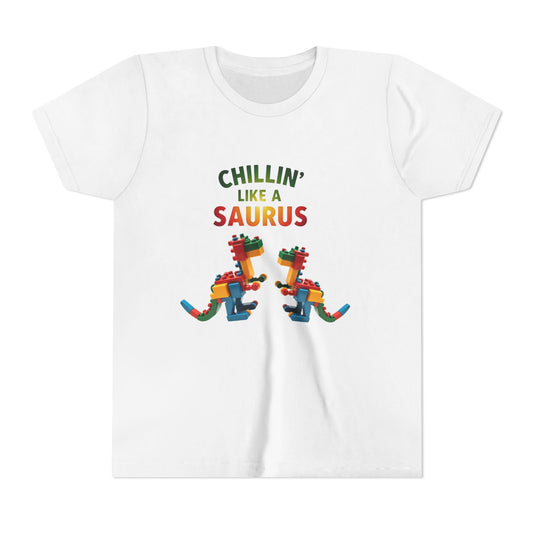 Colorful toy block dinosaur with the phrase "Chillin’ Like a Saurus" – playful summer kids t-shirt design