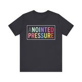 “Anointed Pressure” in bold pastel-colored letters, framed in white on a black background, representing strength and purpose through faith.

