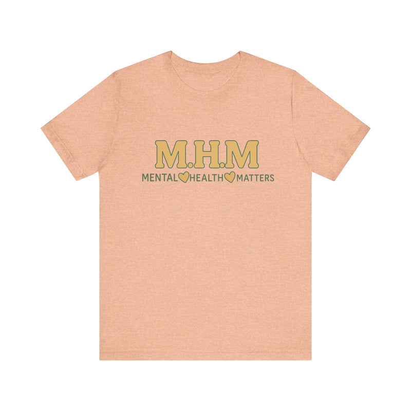 Shirt design featuring the bold acronym M.H.M with the full text “Mental Health Matters” in modern, expressive lettering.