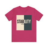 A bold, graphic design featuring the word “STABILITY” split across two contrasting colored backgrounds, with half the word on each side. Referenced scripture Isaiah 26:3 anchors the message visually and spiritually.