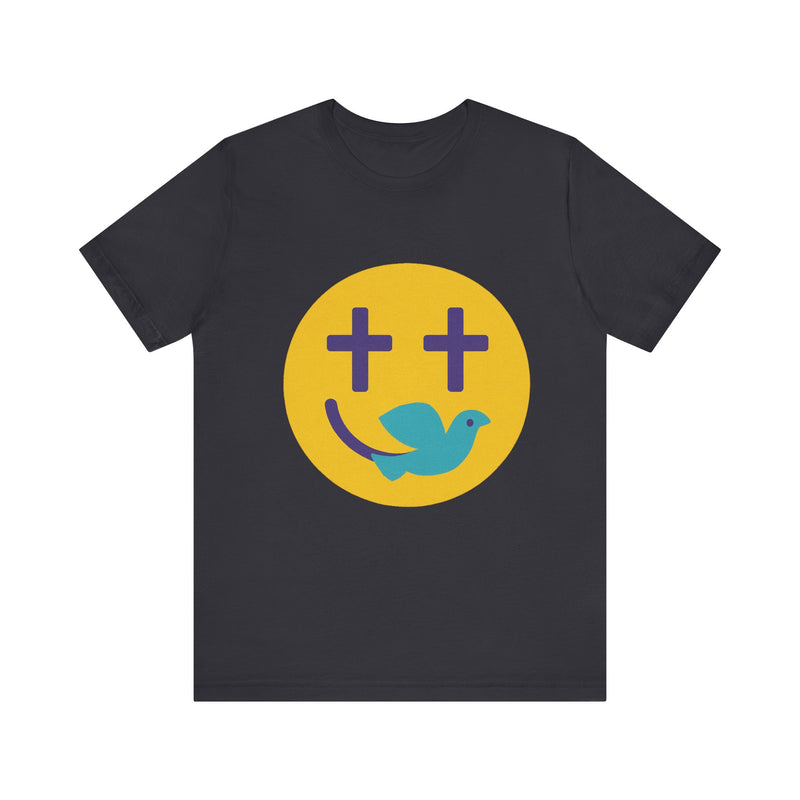 Woman wearing a navy Christian t-shirt with a smiley face design featuring purple cross eyes and a blue dove forming the smile.