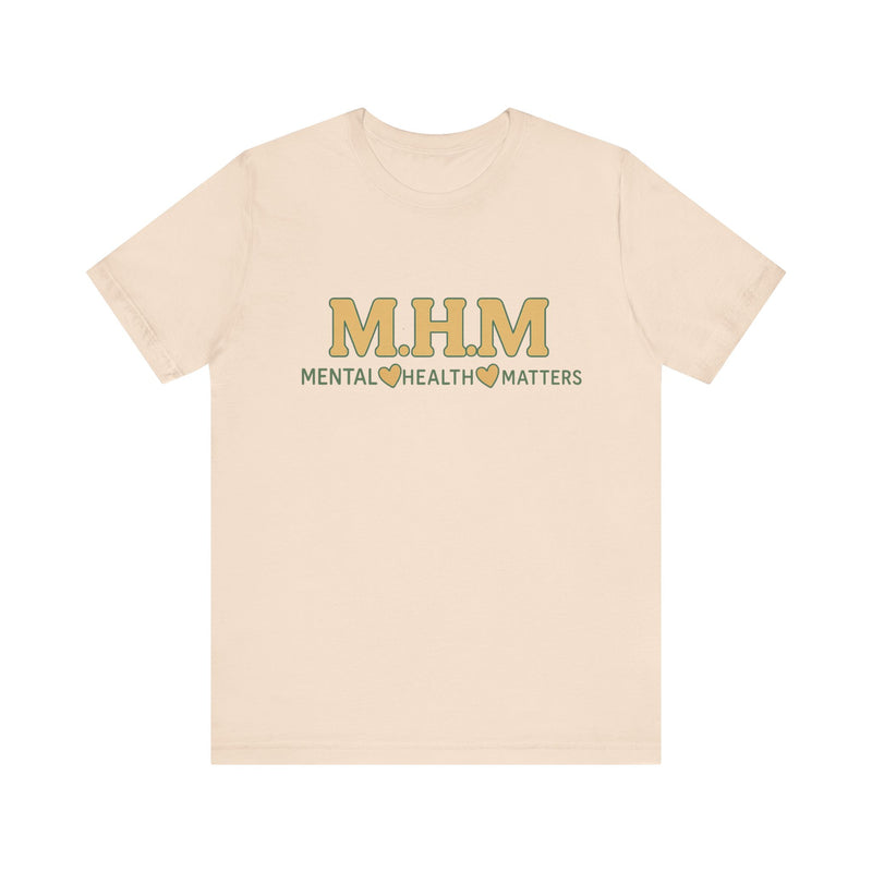 Shirt design featuring the bold acronym M.H.M with the full text “Mental Health Matters” in modern, expressive lettering.