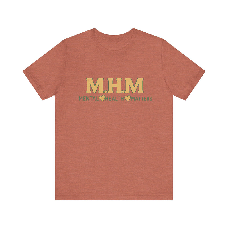 Shirt design featuring the bold acronym M.H.M with the full text “Mental Health Matters” in modern, expressive lettering.