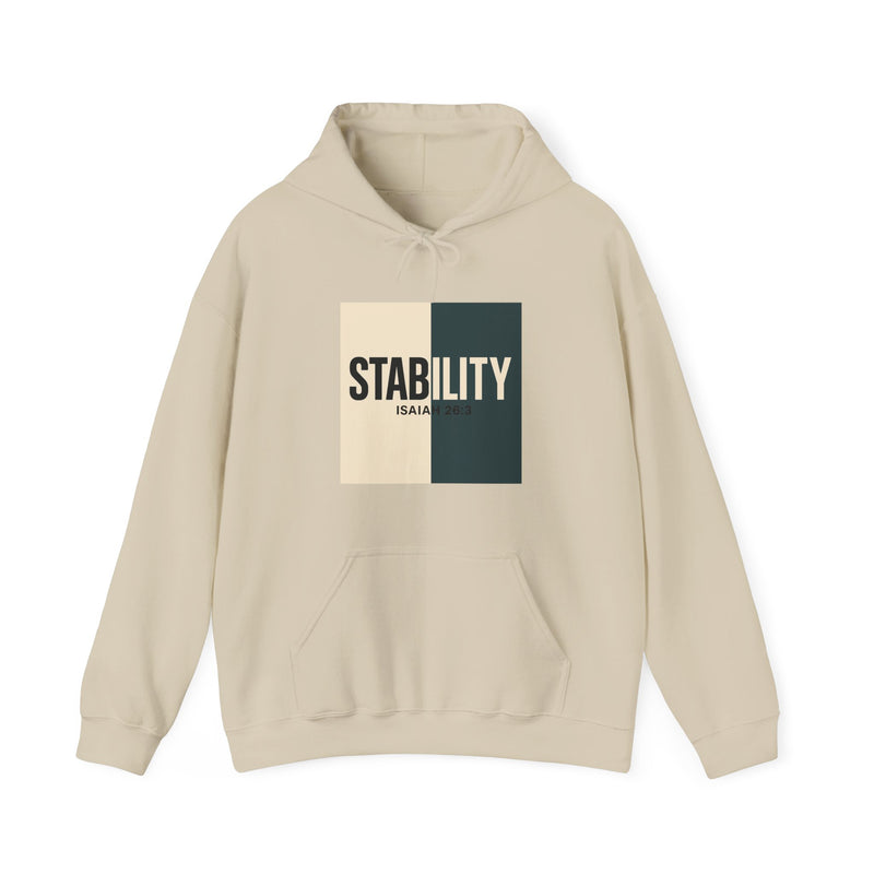 A hoodie with a bold, graphic design featuring the word “STABILITY” split across two contrasting colored backgrounds, with half the word on each side. Referenced scripture Isaiah 26:3 anchors the message visually and spiritually.