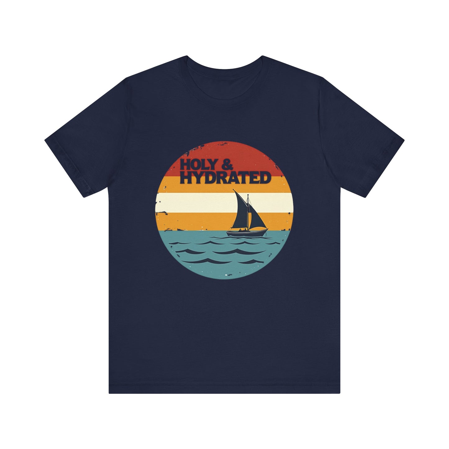Faith-based summer t-shirt design with the phrase “Holy and Hydrated” in playful, bold lettering
