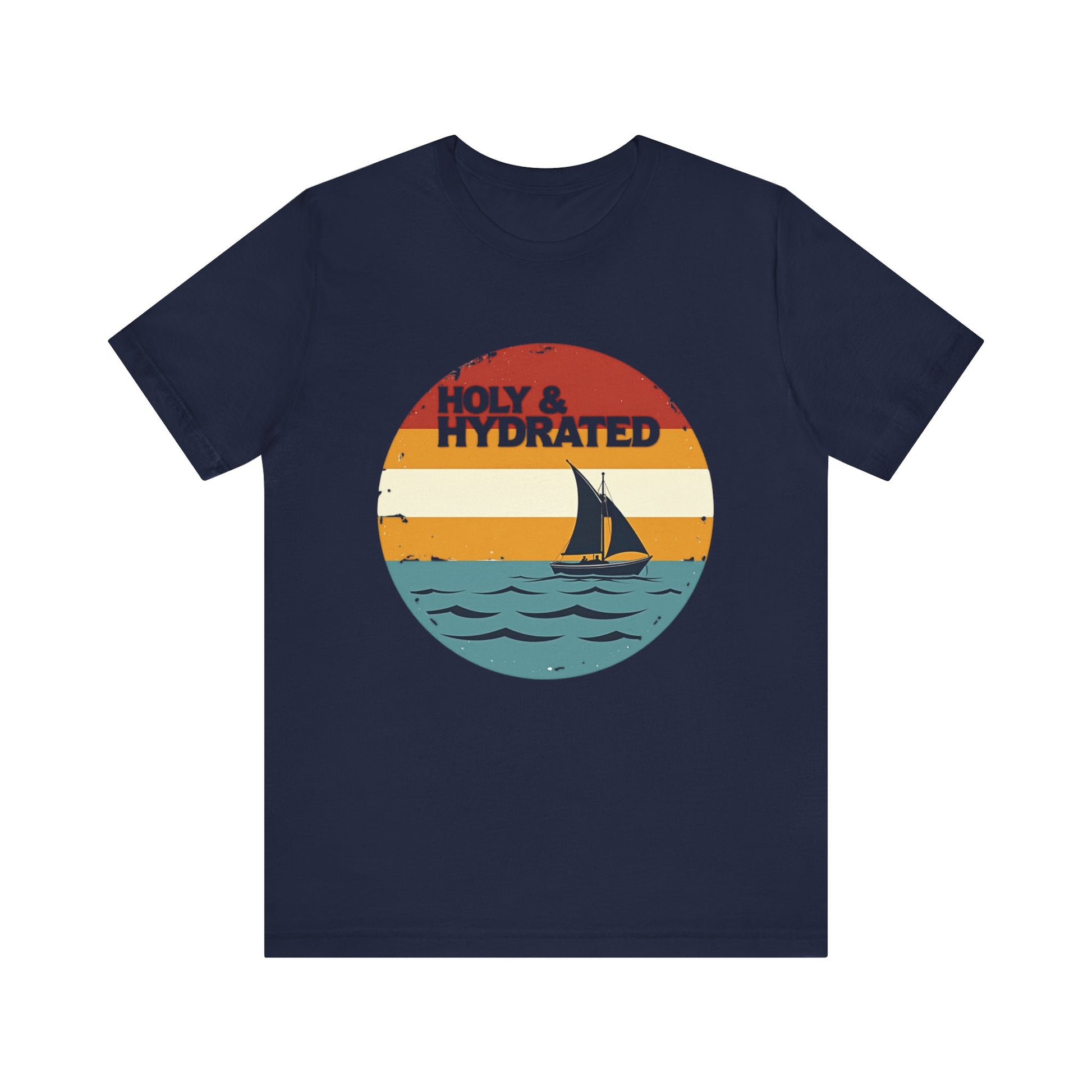 Faith-based summer t-shirt design with the phrase “Holy and Hydrated” in playful, bold lettering