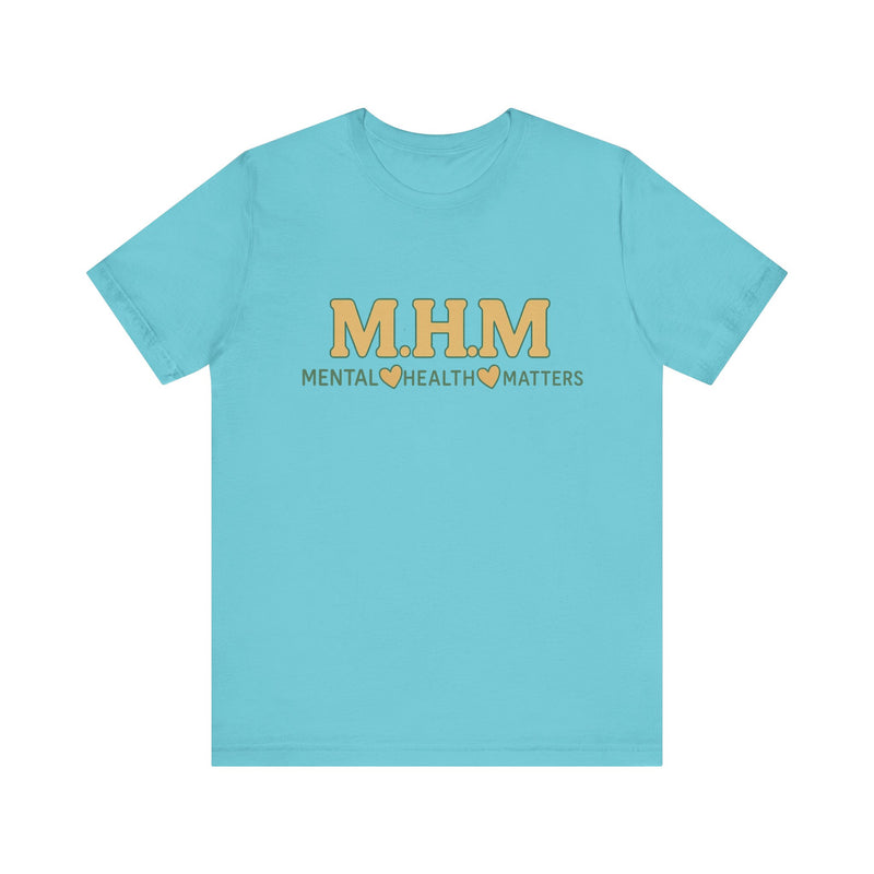 Shirt design featuring the bold acronym M.H.M with the full text “Mental Health Matters” in modern, expressive lettering.
