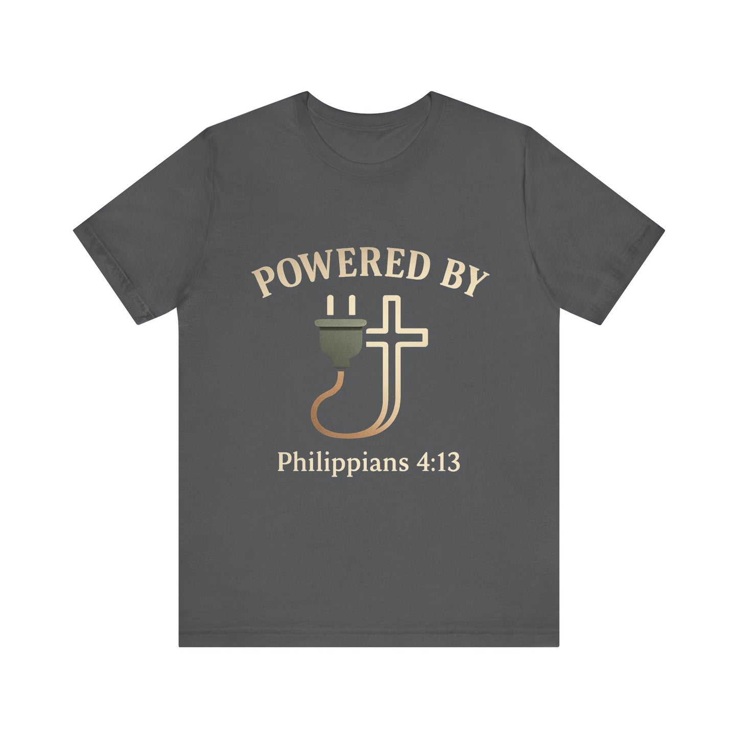 Christian t-shirt with “Powered by Philippians 4:13” text – bold faith-based apparel for men and women.