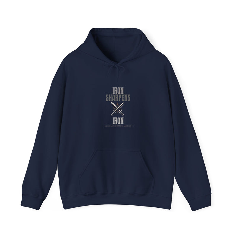 Navy blue hoodie with text design on a white background