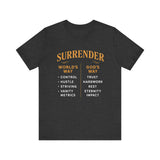 A minimalist design featuring the word "Surrender" in soft, flowing script symbolizing peace, release, and spiritual trust.