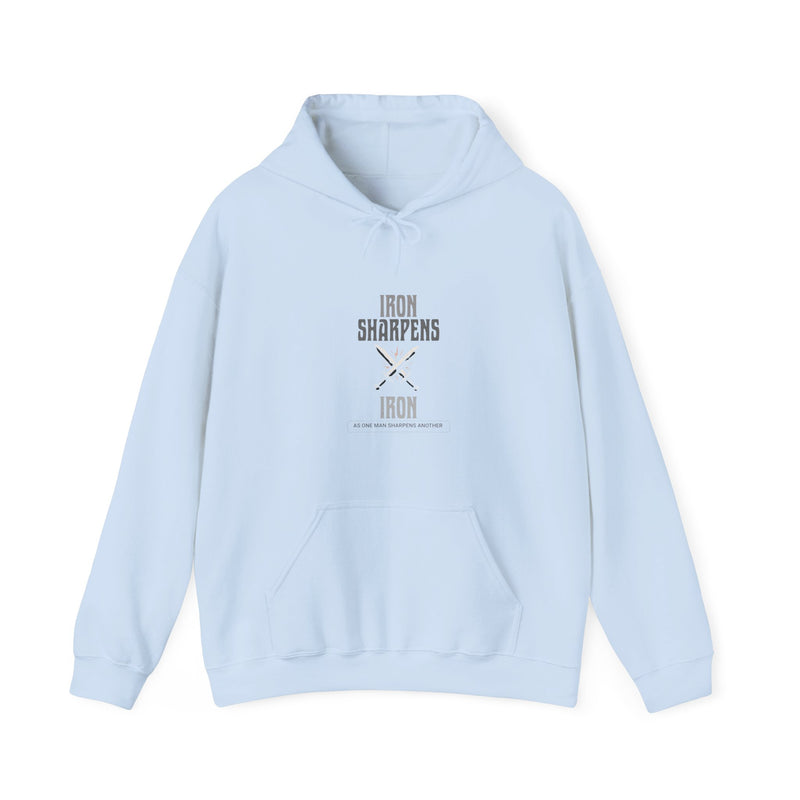 Light blue hoodie with 'Iron Sharpens Iron' text on a white background