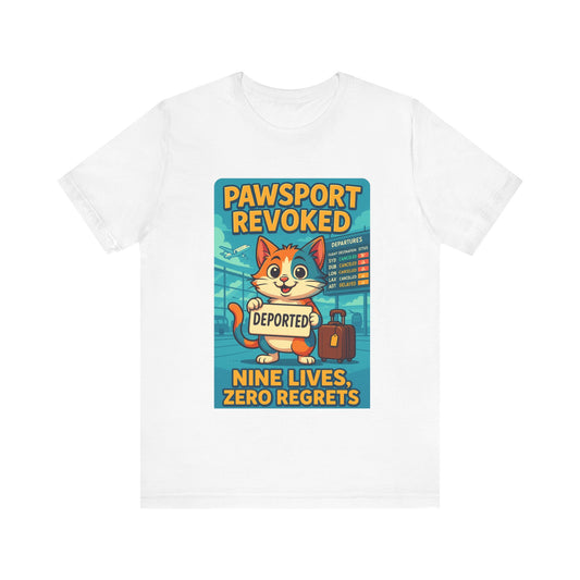 Funny cat-themed t-shirt with 'Cat deported, pawsport revoked' text – playful faith-based design by Klippette