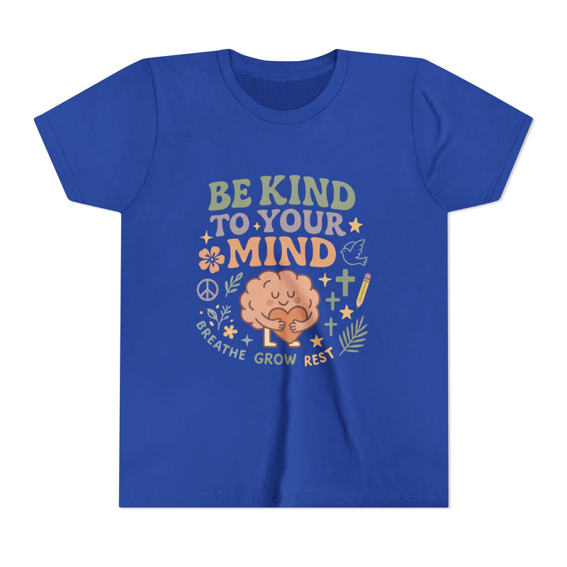 Retro-style t-shirt with “Be Kind to Your Mind” text, featuring a smiling cartoon brain hugging a heart, surrounded by peaceful doodles and affirmations like “Breathe,” “Grow,” and “Rest.”