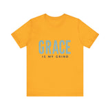 Faith-based apparel with 'Grace is my grind' text – Christian motivational t-shirt by Klippette"

