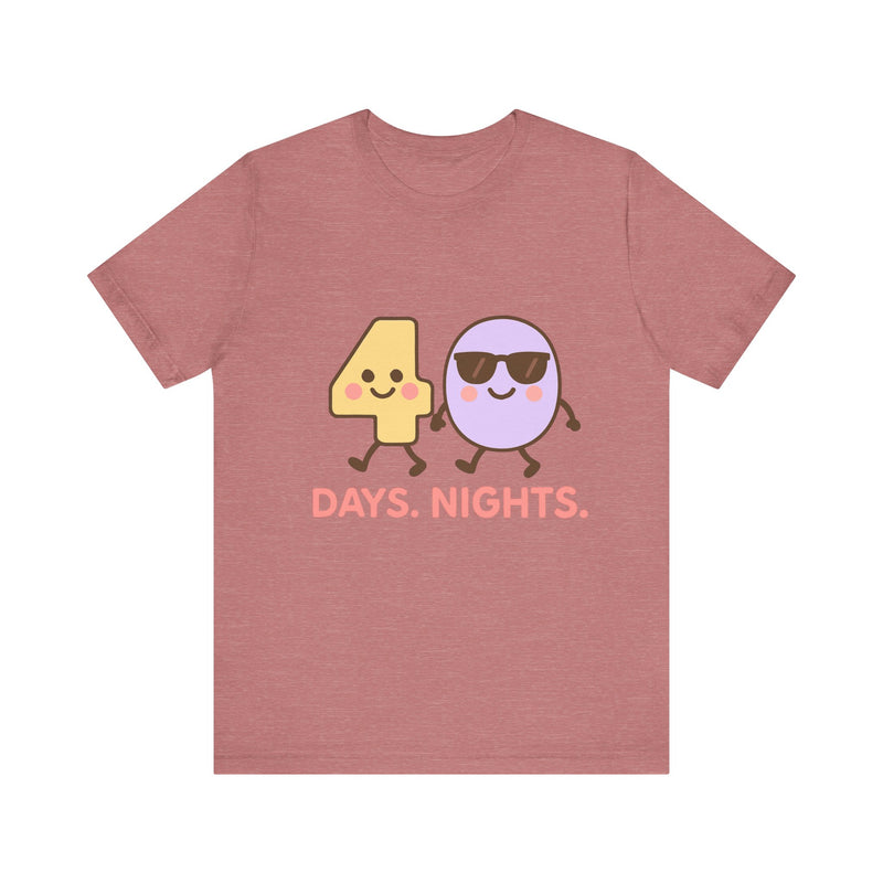 Christian t-shirt featuring the numbers 4 and 0 holding hands, symbolizing “40 Days and Nights” – faith journey design by Klippette.