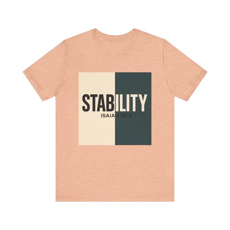 A bold, graphic design featuring the word “STABILITY” split across two contrasting colored backgrounds, with half the word on each side. Referenced scripture Isaiah 26:3 anchors the message visually and spiritually.