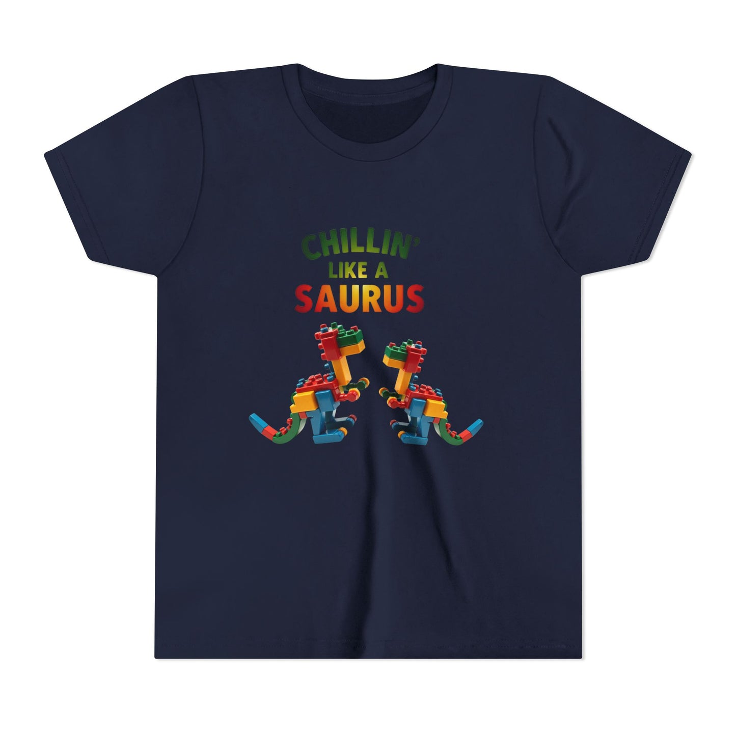 Colorful toy block dinosaur with the phrase "Chillin’ Like a Saurus" – playful summer kids t-shirt design