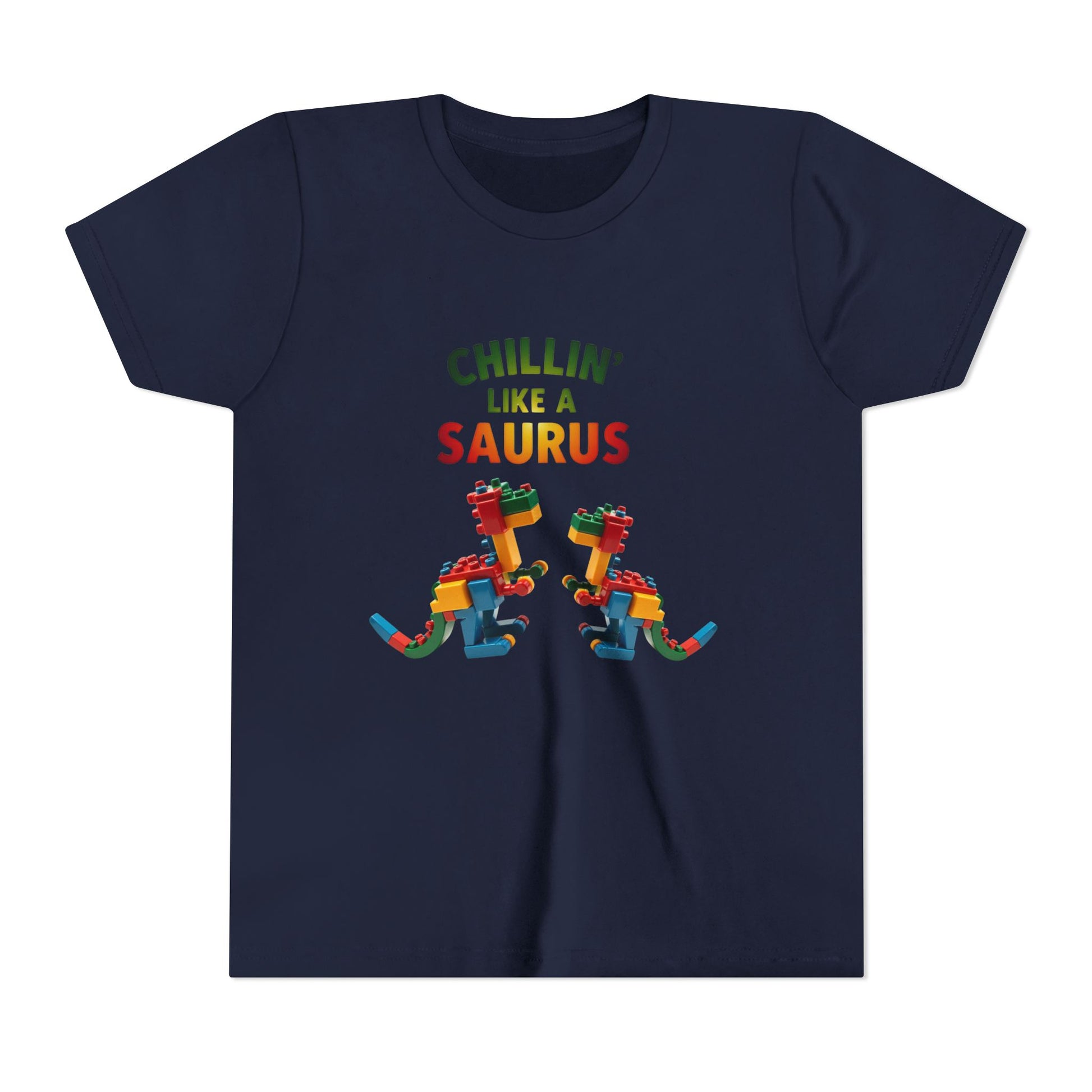 Colorful toy block dinosaur with the phrase "Chillin’ Like a Saurus" – playful summer kids t-shirt design