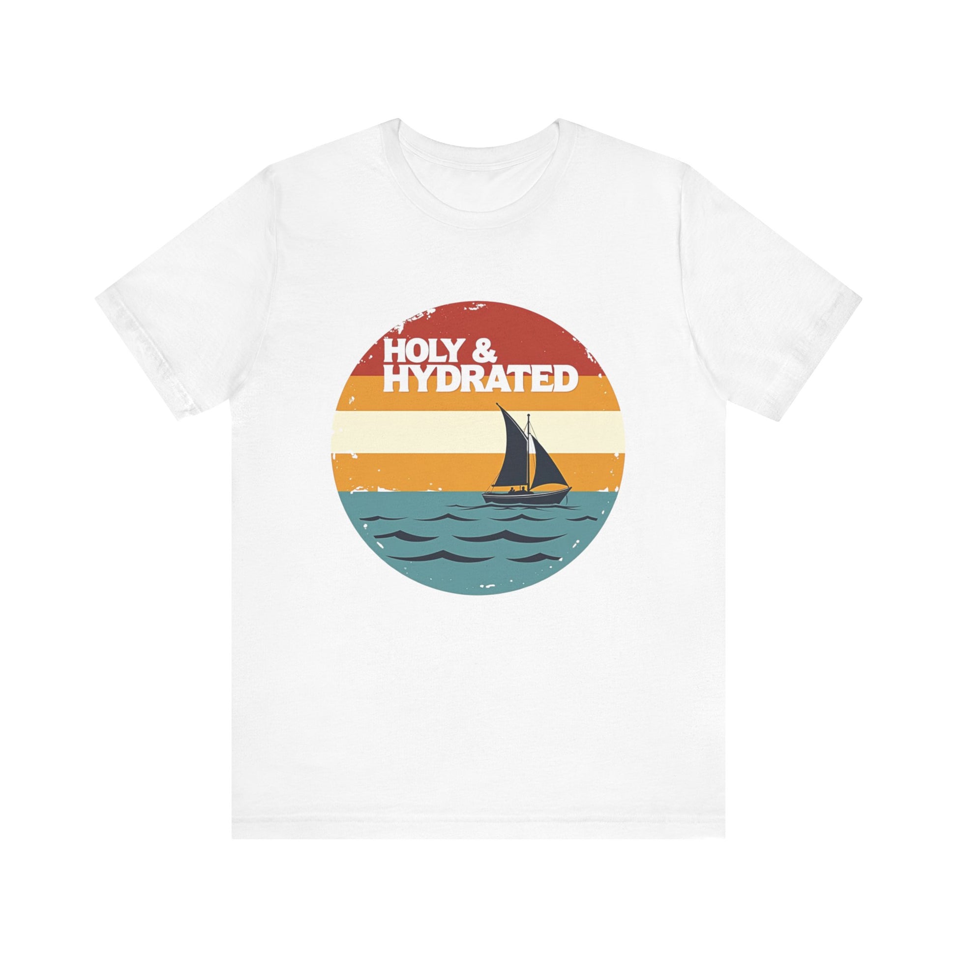 Faith-based summer t-shirt design with the phrase “Holy and Hydrated” in playful, bold lettering