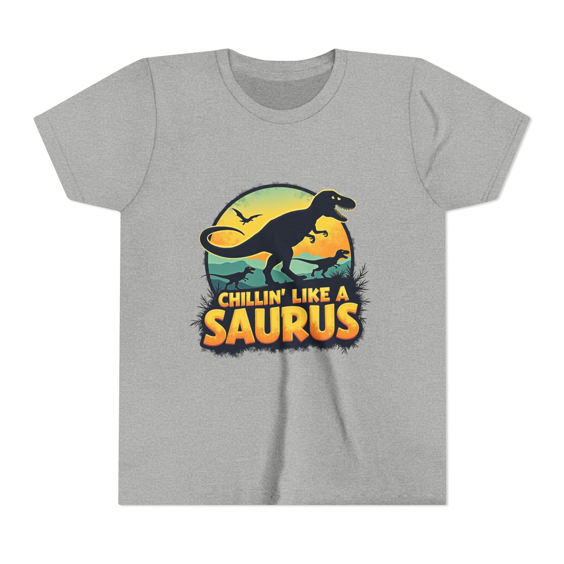 Fun dinosaur with the phrase "Chillin’ Like a Saurus" – playful summer kids t-shirt design