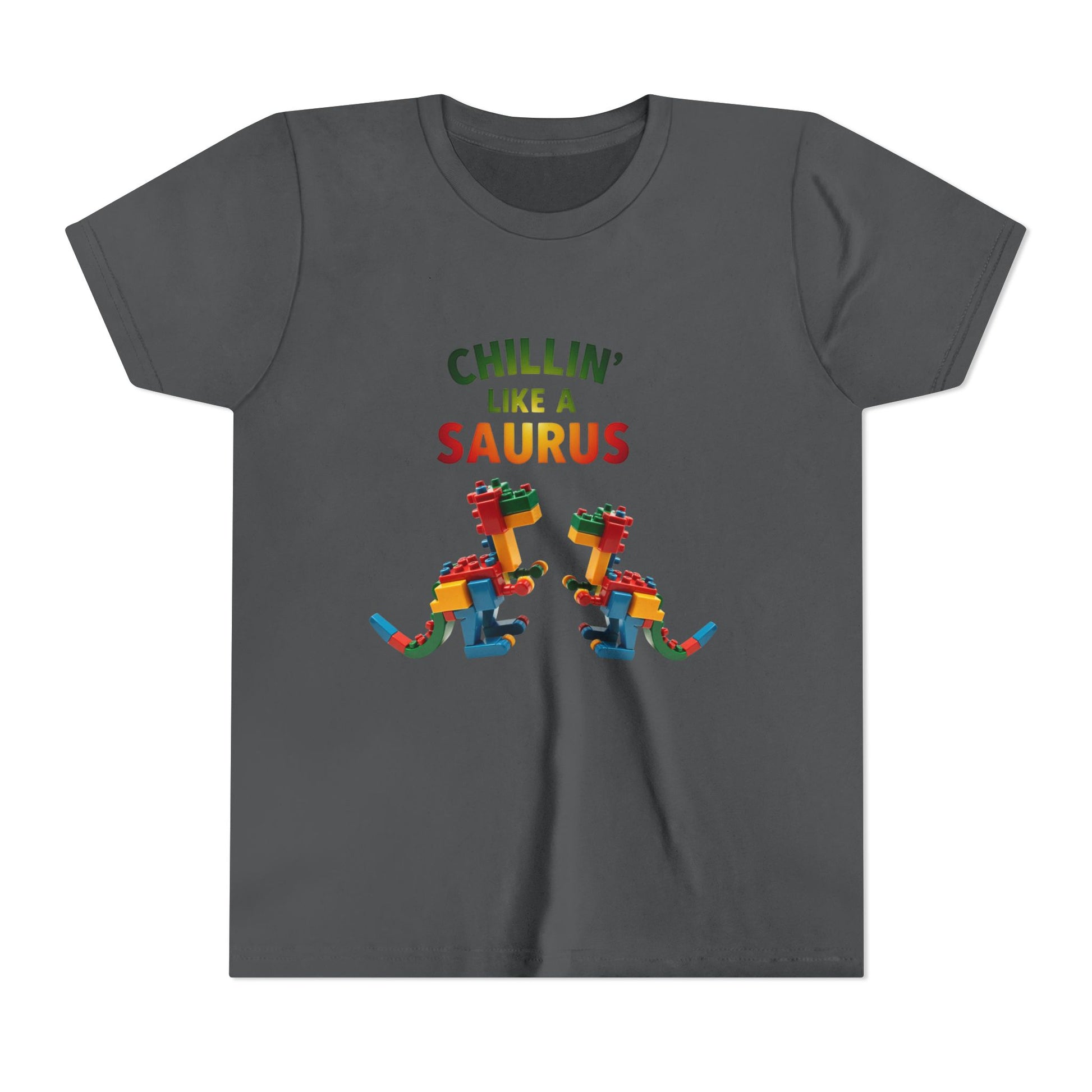 Colorful toy block dinosaur with the phrase "Chillin’ Like a Saurus" – playful summer kids t-shirt design