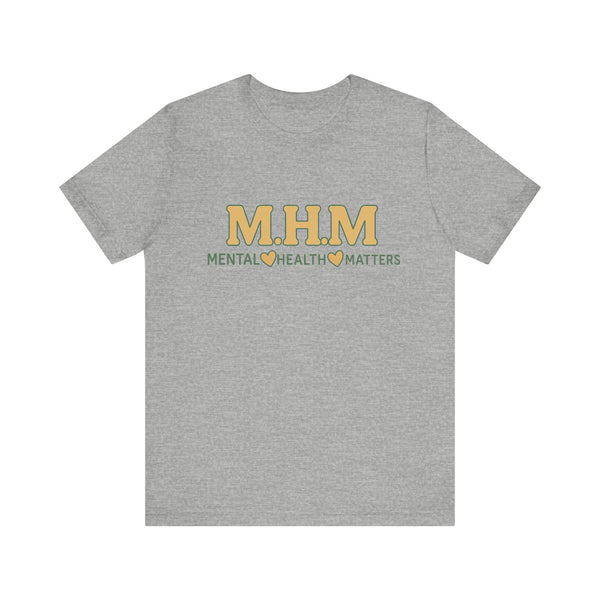 Shirt design featuring the bold acronym M.H.M with the full text “Mental Health Matters” in modern, expressive lettering.