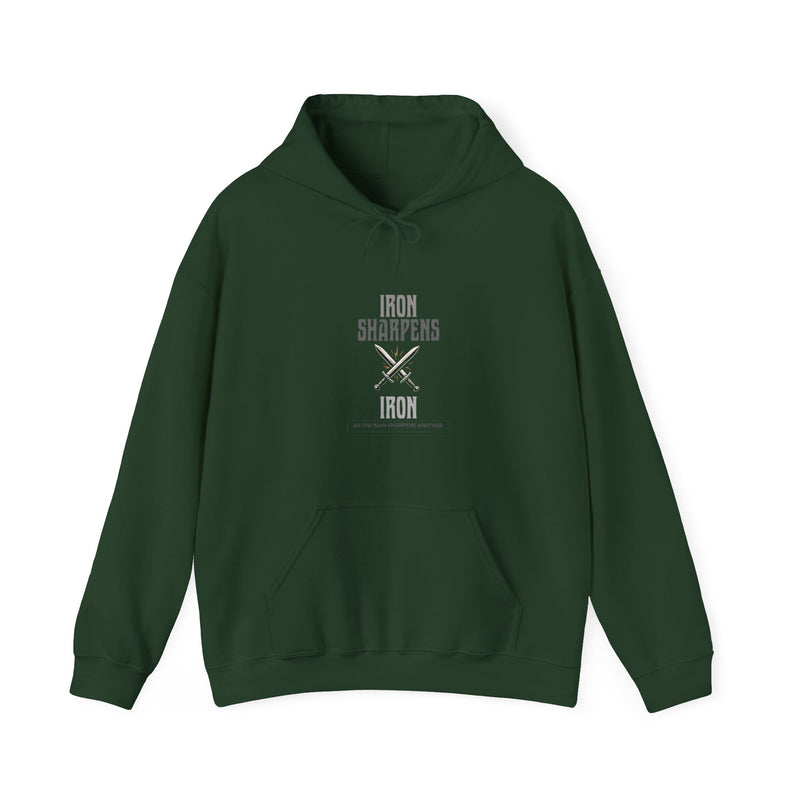 Green hoodie with text Iron Sharpens Iron and graphic on a white background