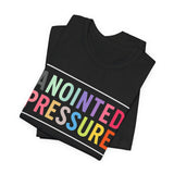 “Anointed Pressure” in bold pastel-colored letters, framed in white on a black background, representing strength and purpose through faith.

