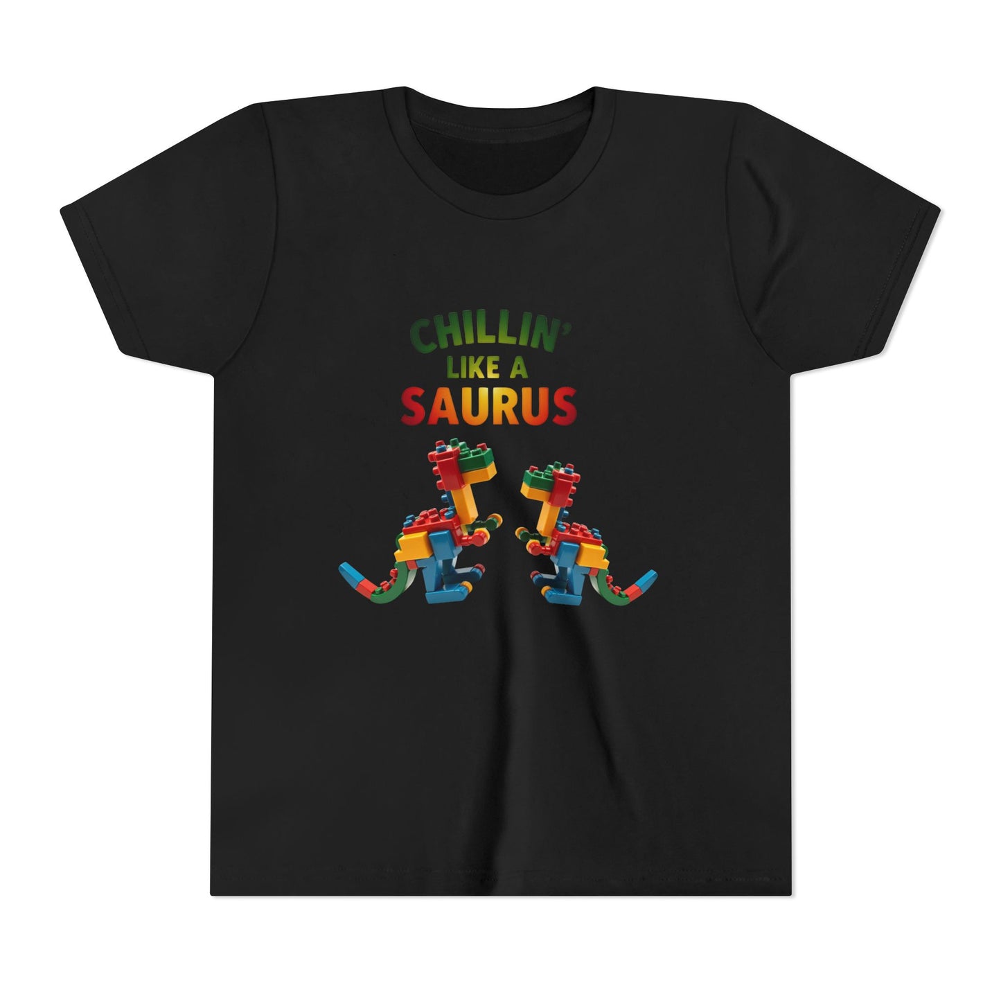 Colorful toy block dinosaur with the phrase "Chillin’ Like a Saurus" – playful summer kids t-shirt design