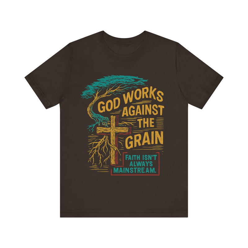 "Model wearing God Works Against the Grain Christian t-shirt in black, faith-based streetwear style by Klippette."